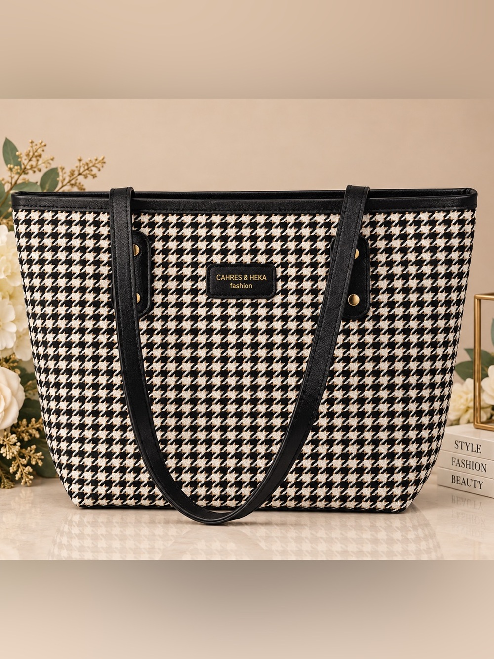 Fashion Black & White Houndstooth Tote Bag